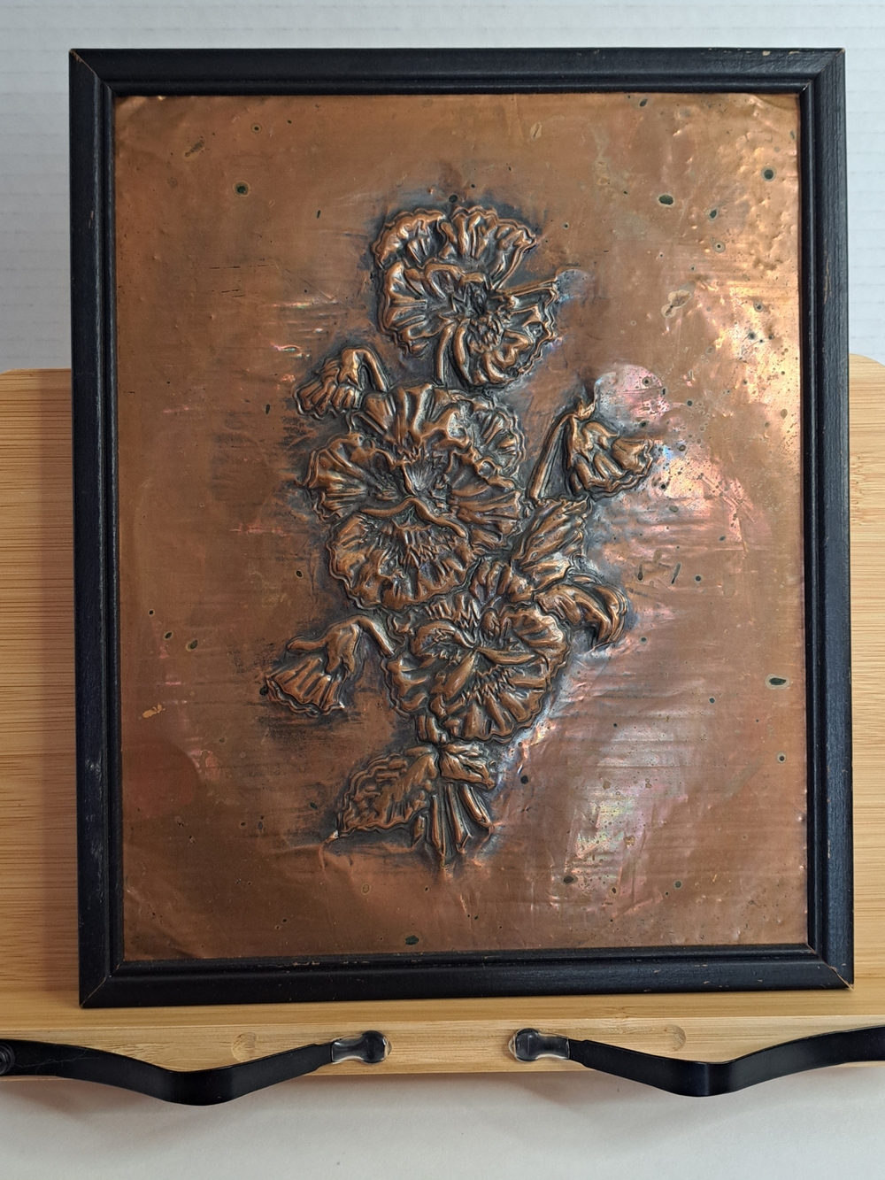 Vintage Copper Relief Floral Motif Framed Set of 3 Circa 1960-1970's.